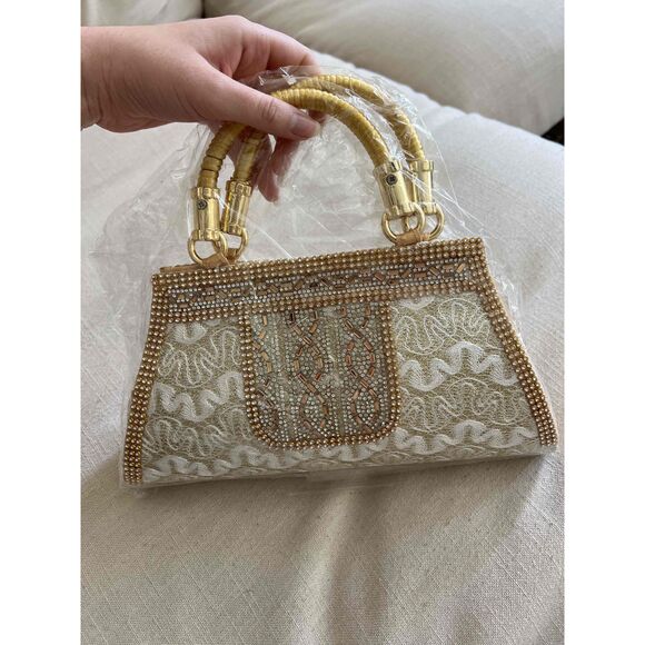 Fashion Womens Gold Beaded Embroidery Top Handle Handbag Size Small - Picture 2 of 3
